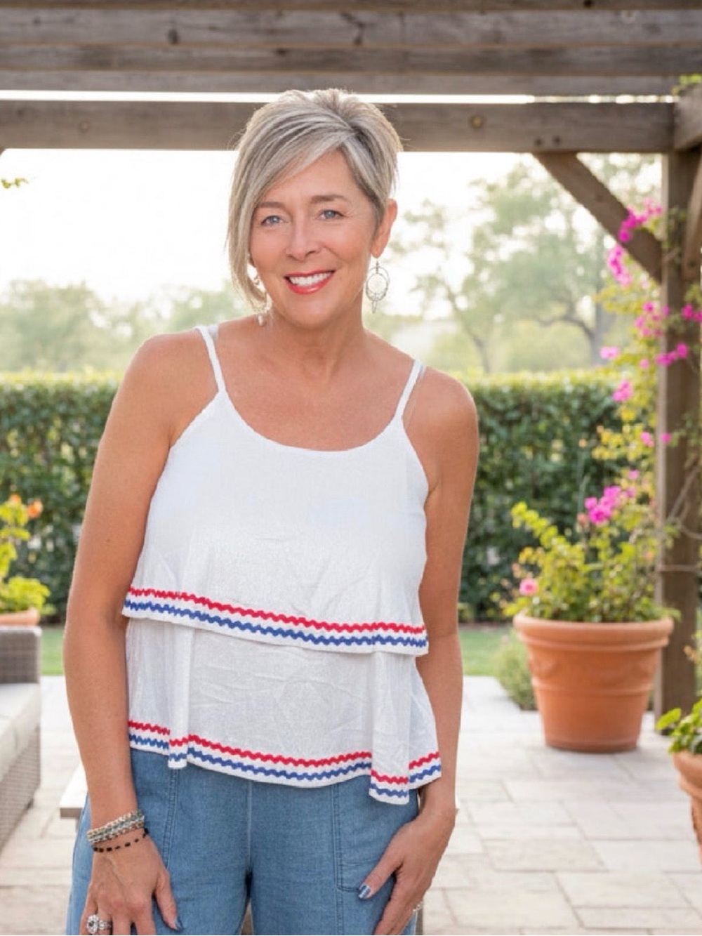 She + Sky White Tiered Cami with Red & Blue Trim